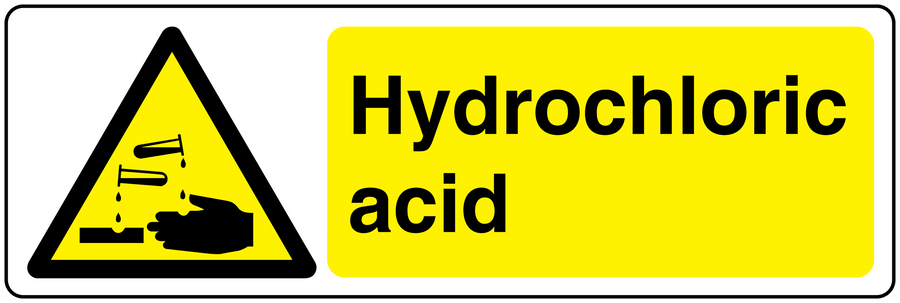 Rectangular warning sticker with yellow label, hazard icon, and text “Hydrochloric acid”.