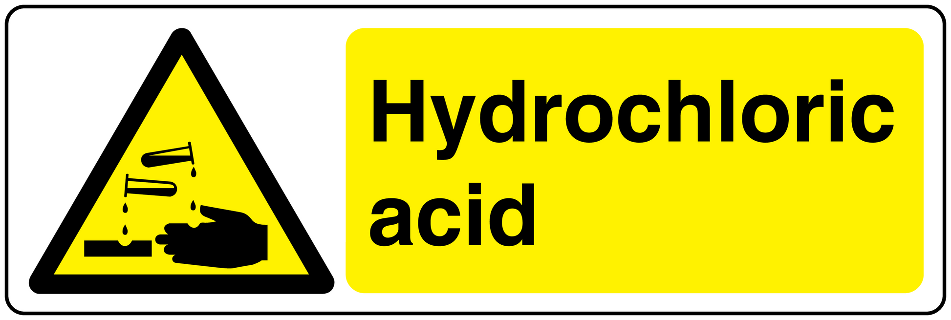 Rectangular warning sticker with yellow label, hazard icon, and text “Hydrochloric acid”.