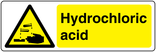 Rectangular warning sticker with yellow label, hazard icon, and text “Hydrochloric acid”.
