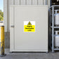 Highly flammable LPG warning sticker with yellow hazard triangle on metal door