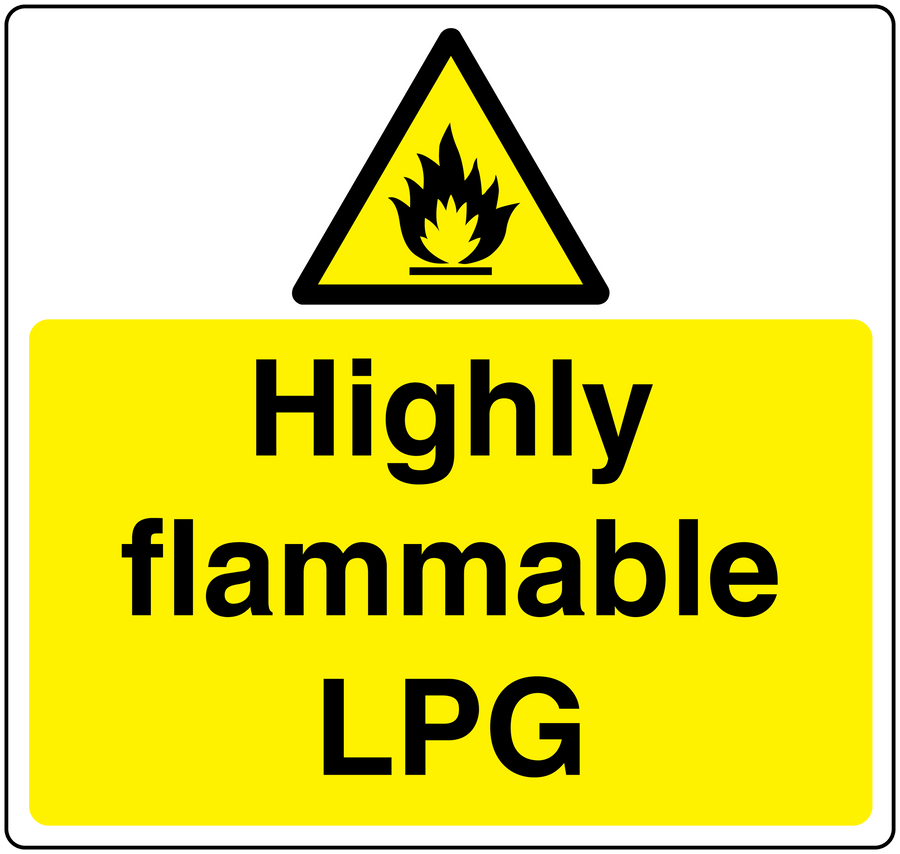 Highly flammable LPG danger sticker with yellow flame warning triangle and text