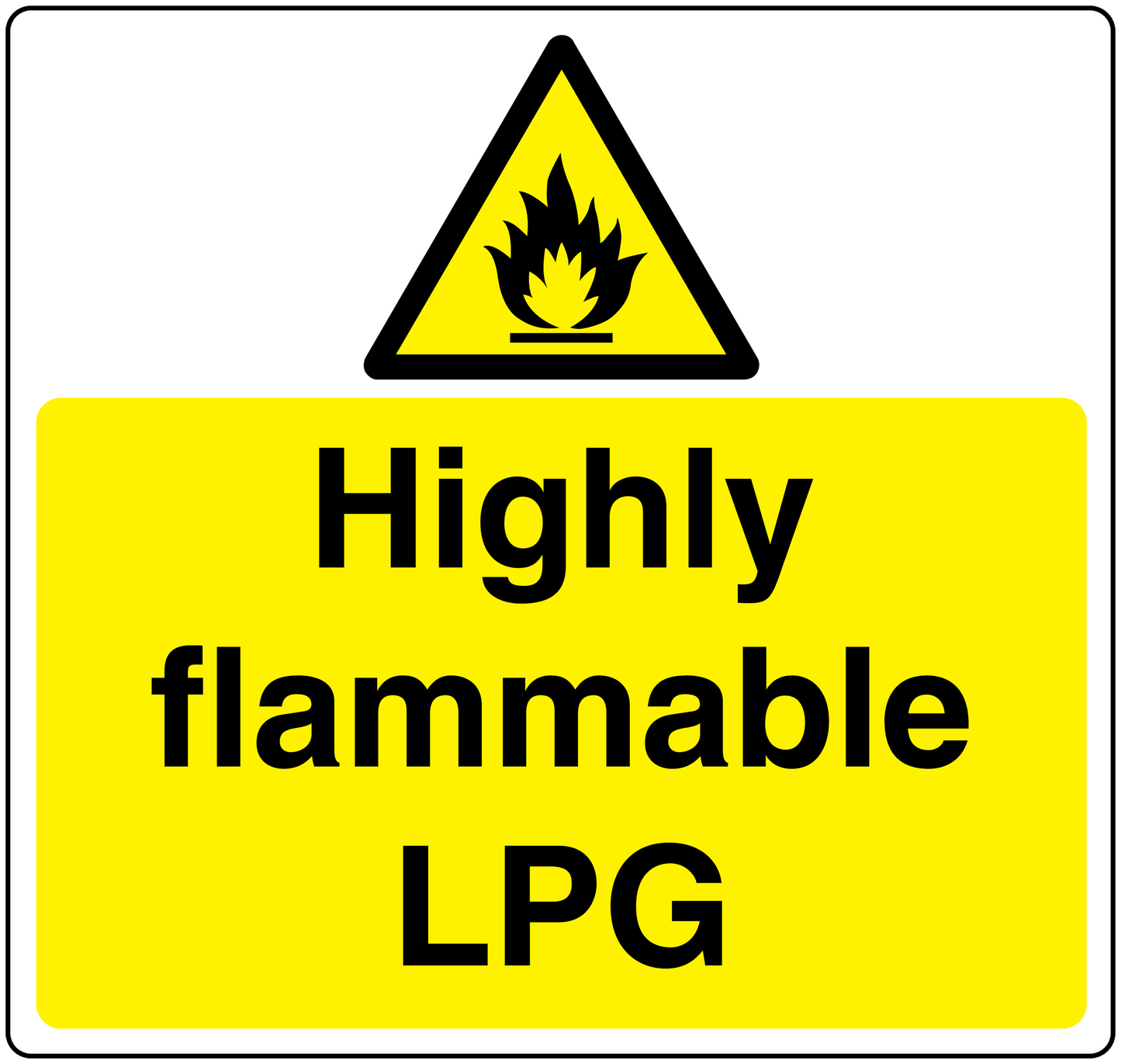 Highly flammable LPG danger sticker with yellow flame warning triangle and text
