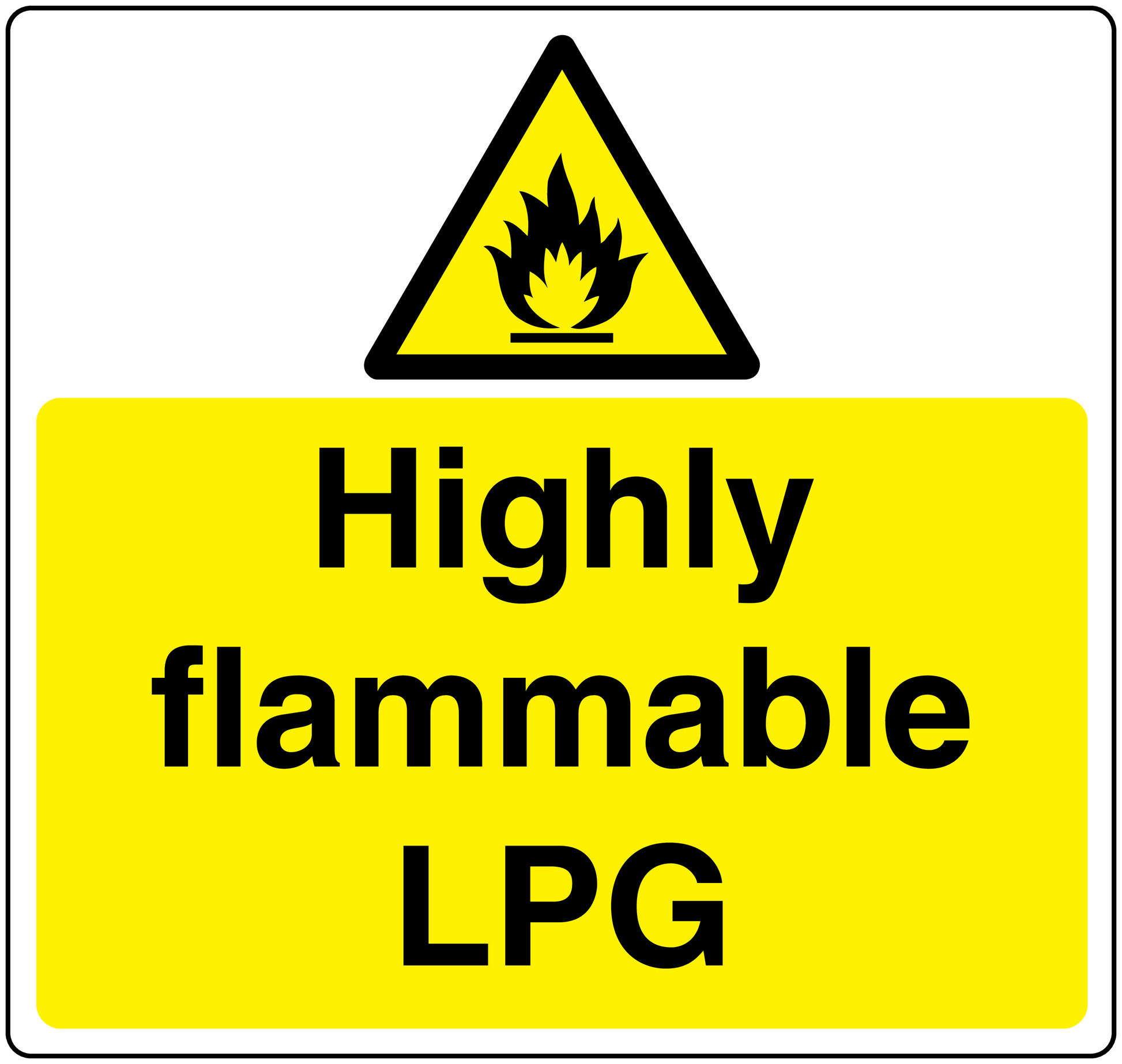 Highly flammable LPG danger sticker with yellow flame warning triangle and text