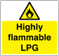 Highly flammable LPG danger sticker with yellow flame warning triangle and text