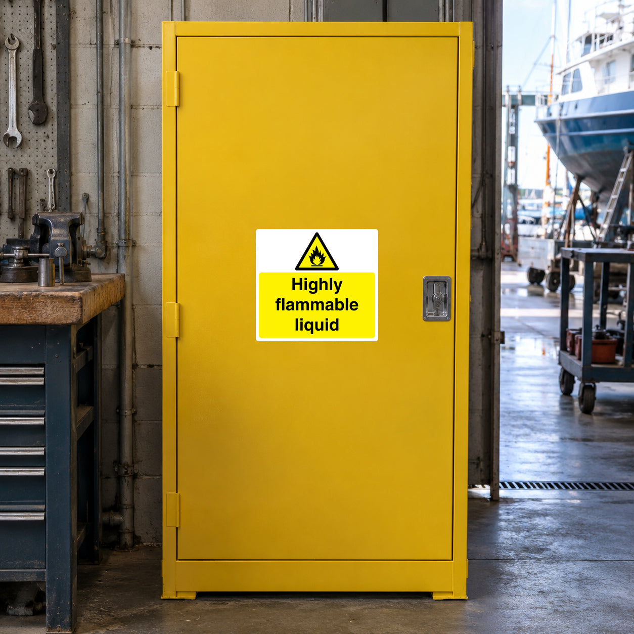 Highly flammable liquid danger sticker on yellow door panel