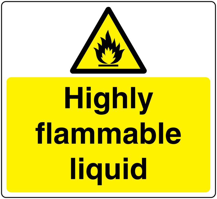 Highly flammable liquid hazard sticker with yellow triangle and flame icon
