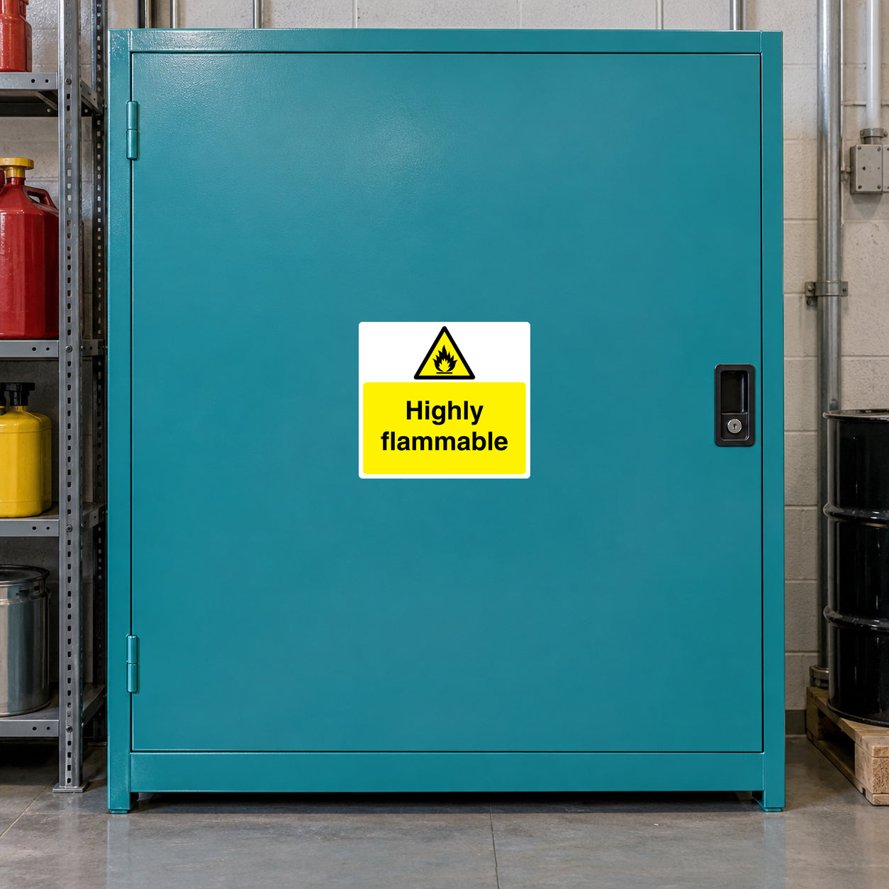 Yellow highly flammable danger sticker with warning triangle and text