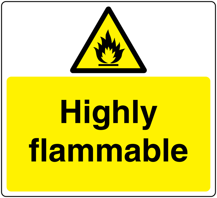 Highly flammable warning sticker with flame triangle and yellow text