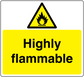 Highly flammable warning sticker with flame triangle and yellow text