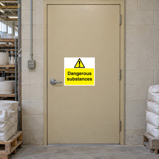 Dangerous substances warning sticker with yellow triangle and text