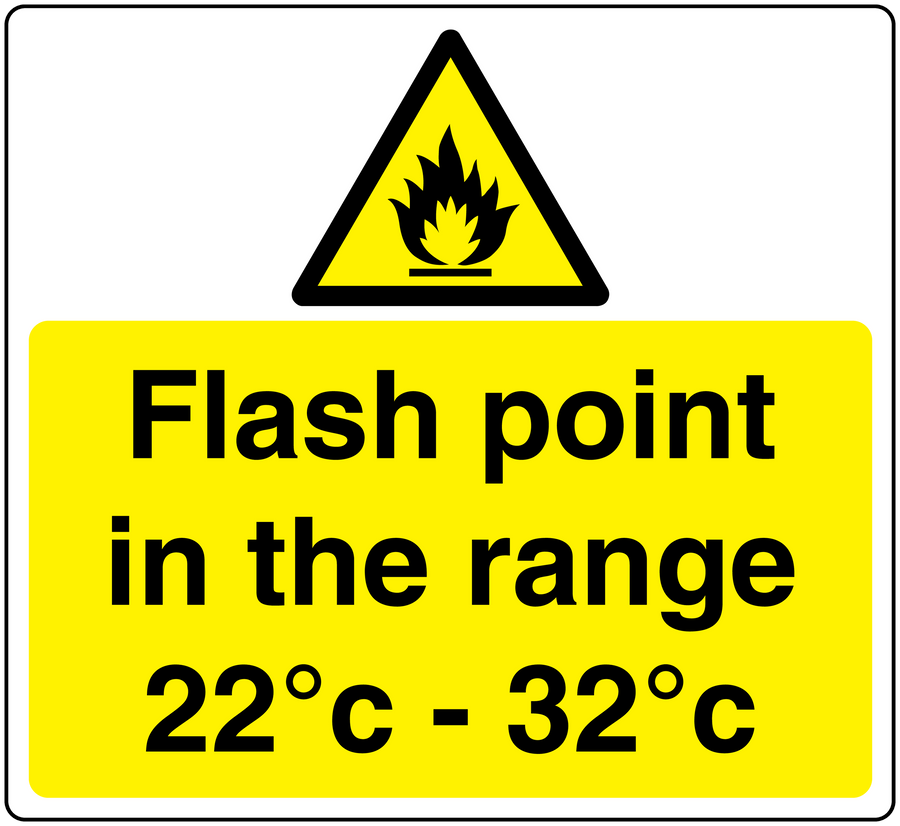 Hazard flash point sticker with yellow background, warning triangle, and text 22°C–32°C