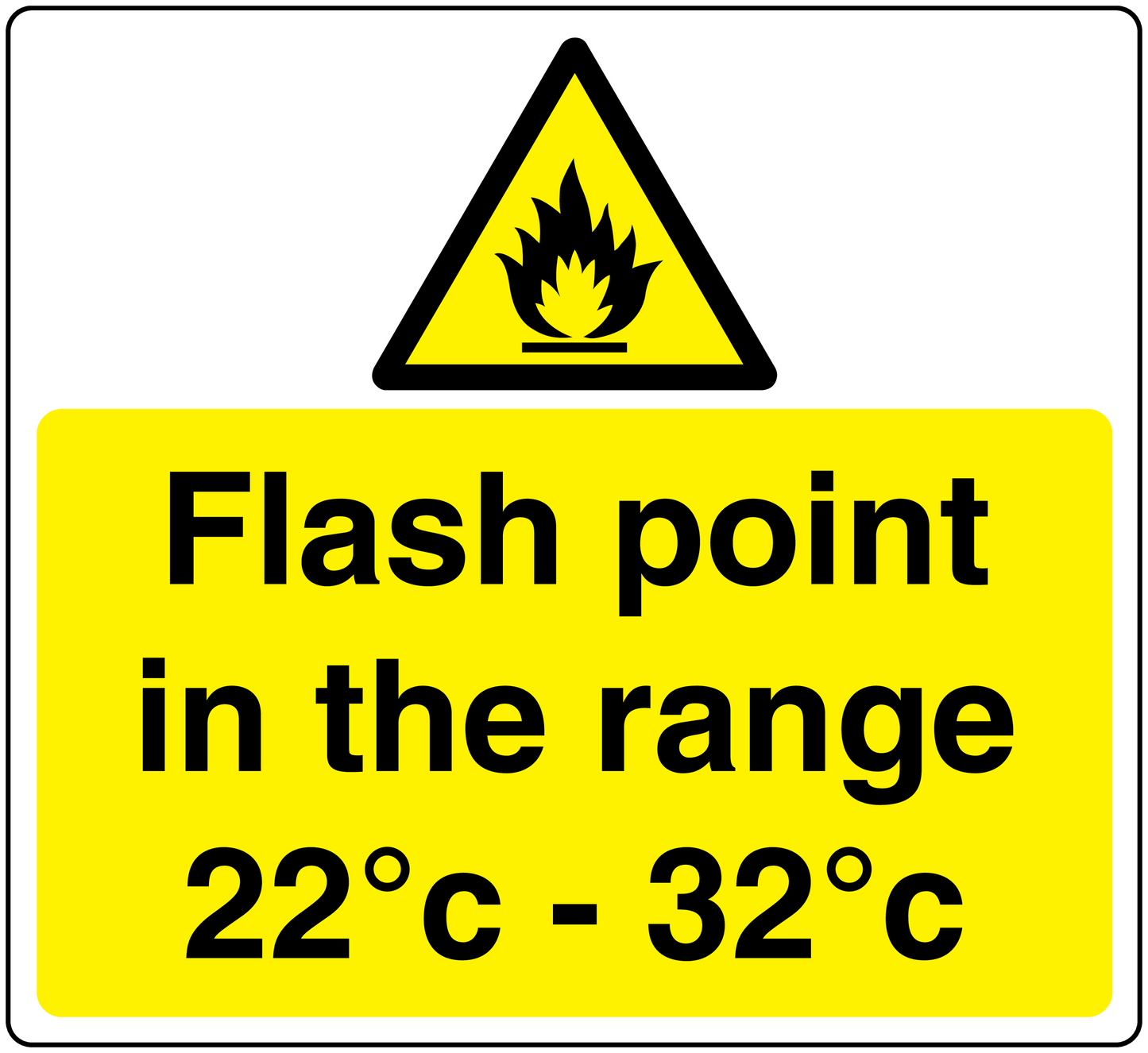Hazard flash point sticker with yellow background, warning triangle, and text 22°C–32°C