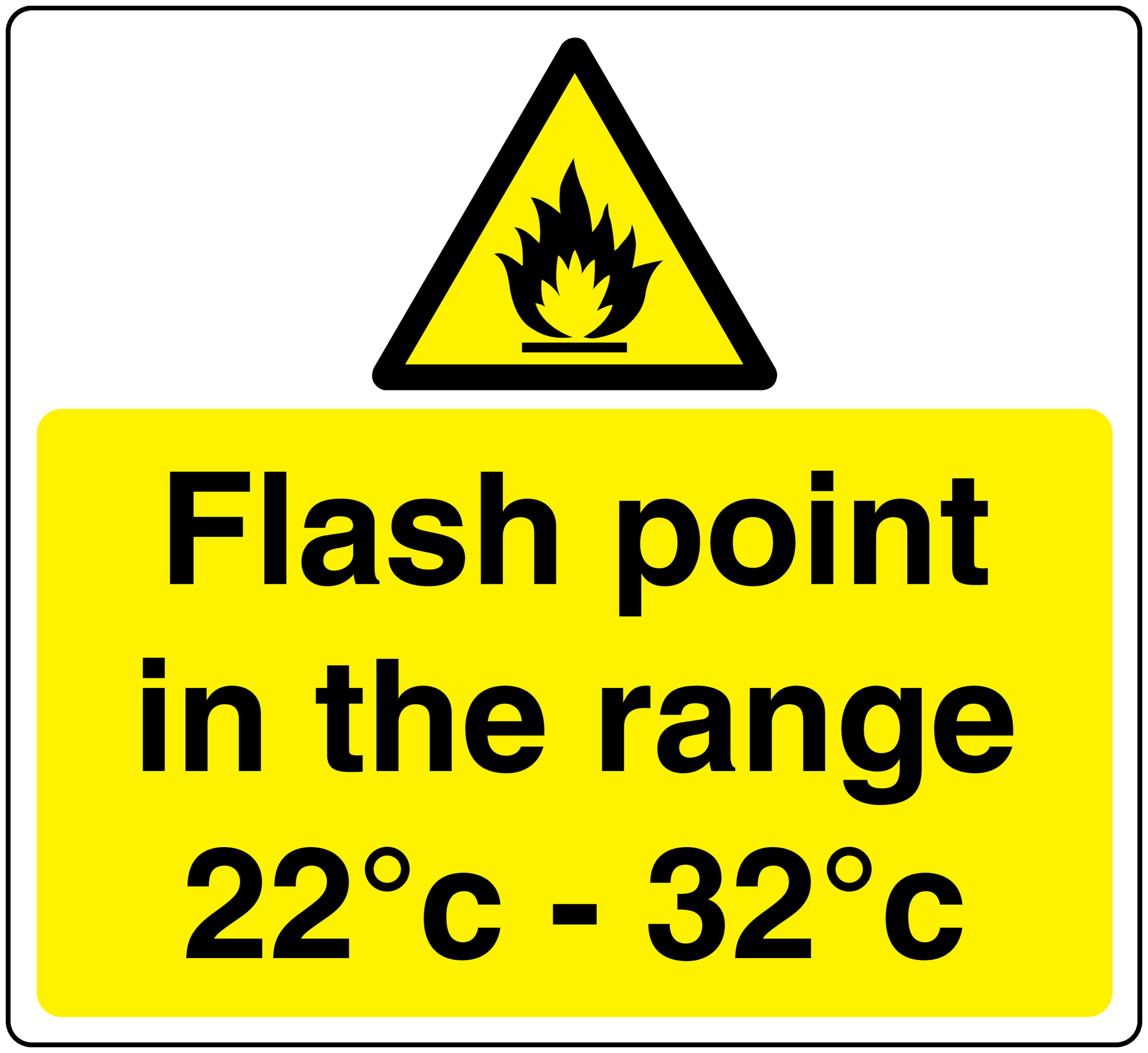 Hazard flash point sticker with yellow background, warning triangle, and text 22°C–32°C