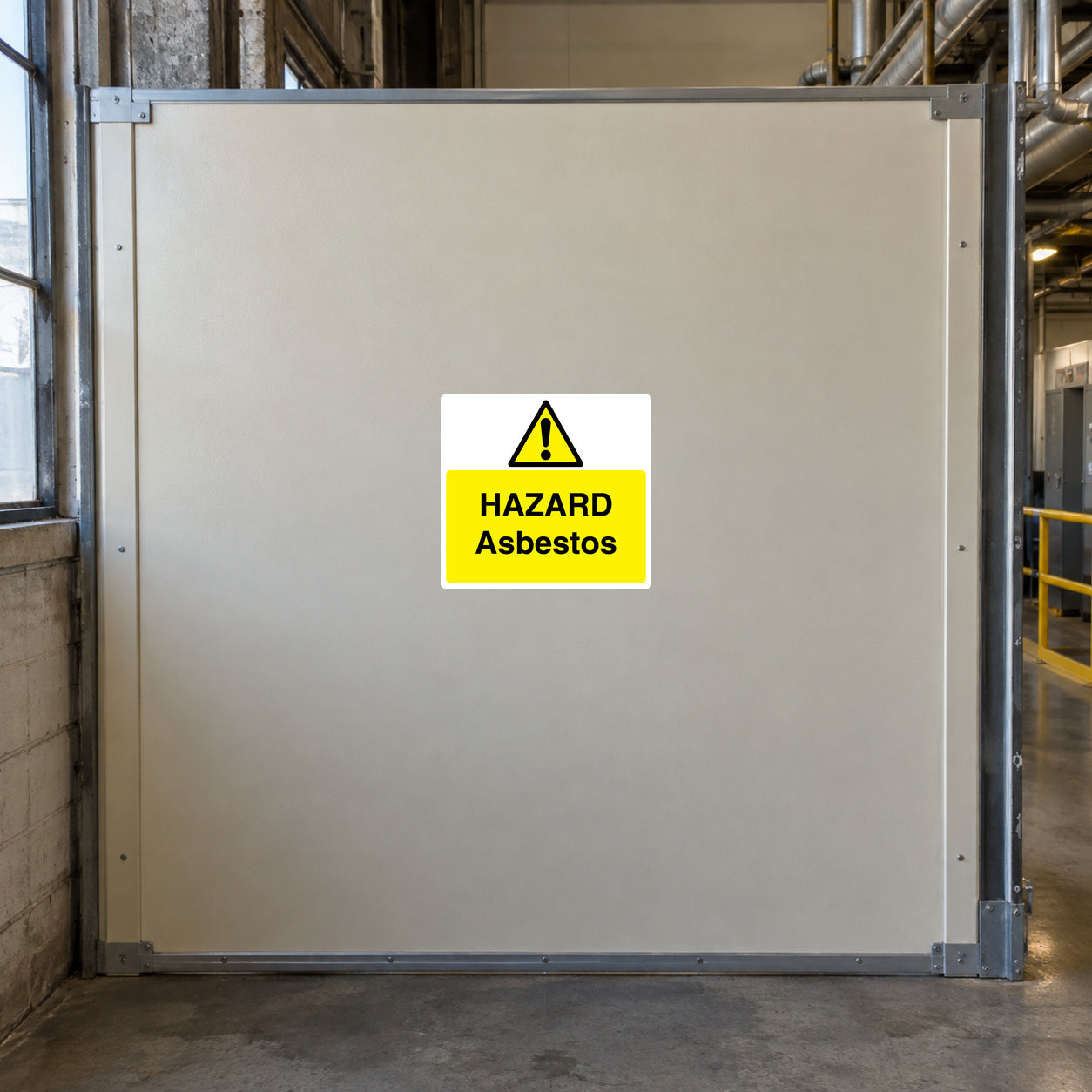 Asbestos hazard sticker with yellow warning triangle and 'HAZARD Asbestos' text
