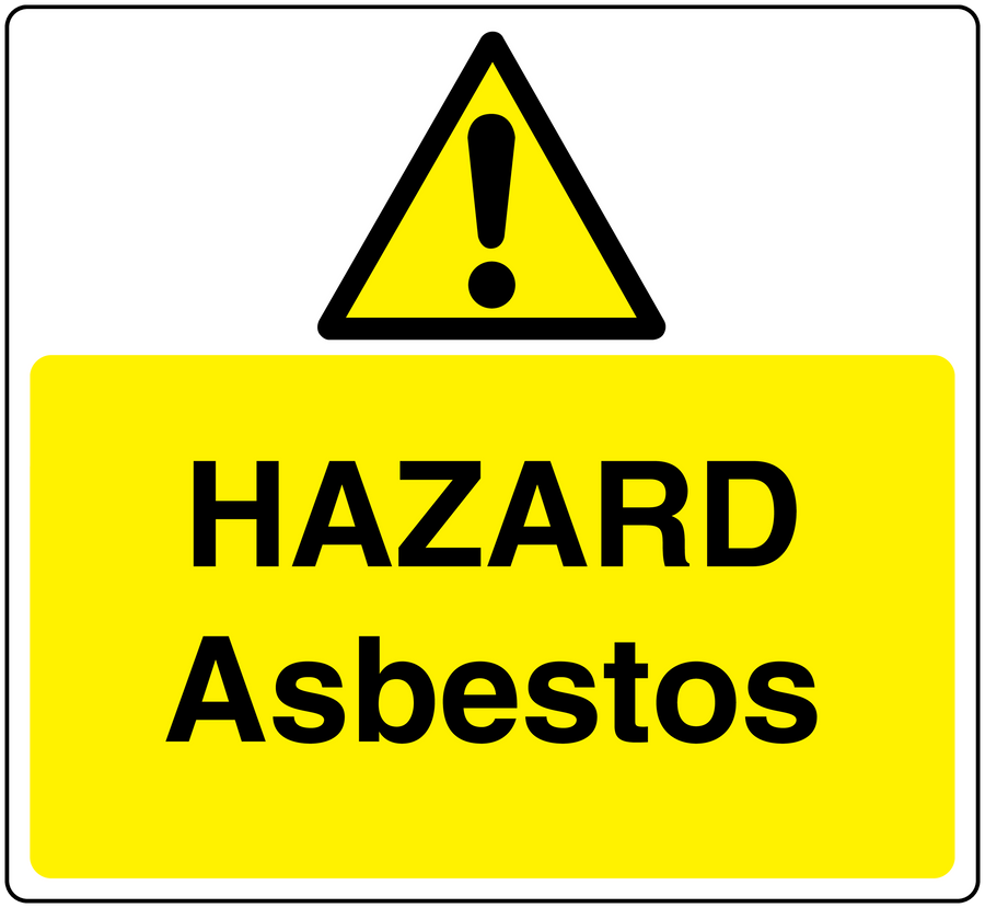 Hazard asbestos warning sticker with yellow background, black text, and caution triangle