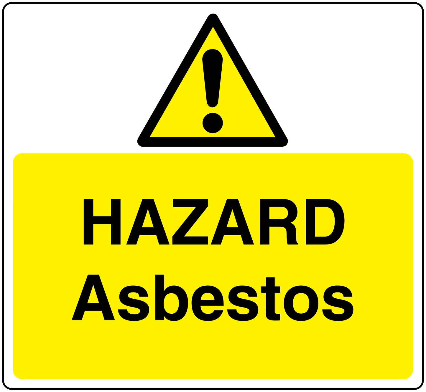 Hazard asbestos warning sticker with yellow background, black text, and caution triangle