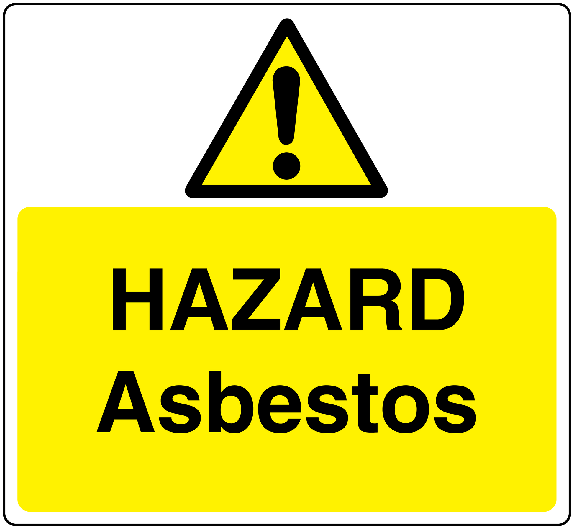 Hazard asbestos warning sticker with yellow background, black text, and caution triangle