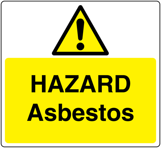 Hazard asbestos warning sticker with yellow background, black text, and caution triangle