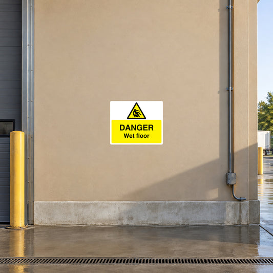 Danger wet floor warning sticker with yellow background and black warning triangle