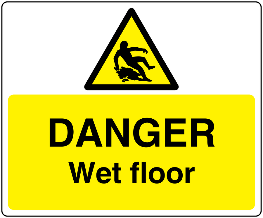 Yellow danger wet floor floor warning sticker with black triangle and slipping person icon