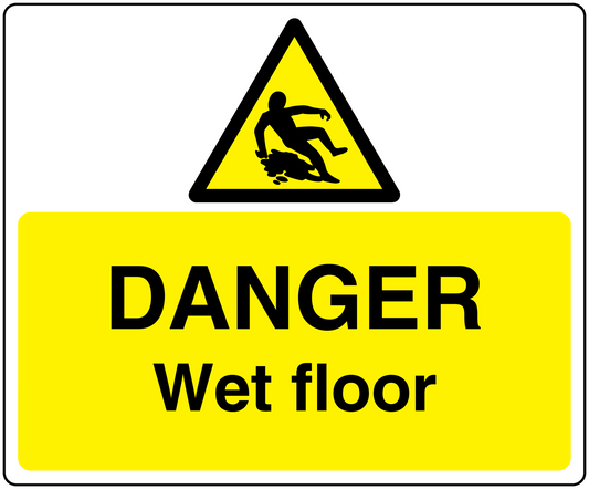 Yellow danger wet floor floor warning sticker with black triangle and slipping person icon