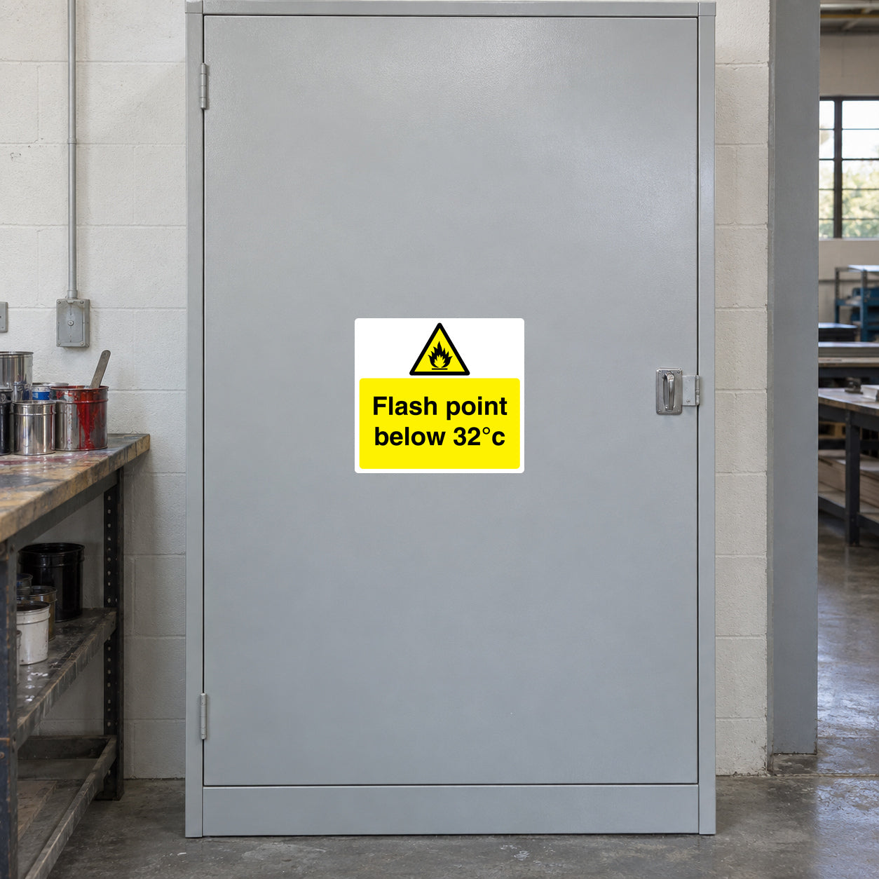 Yellow safety warning sticker: Flash point below 32°C with hazard triangle