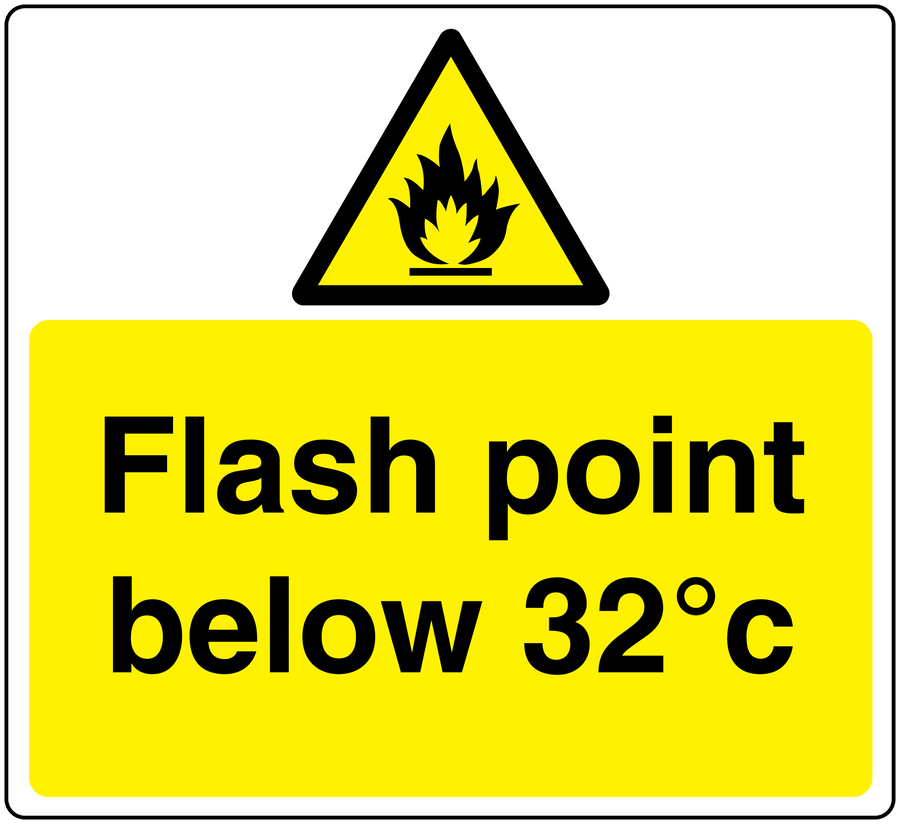 Danger flash point below 32°C sticker with flame hazard triangle and yellow text block