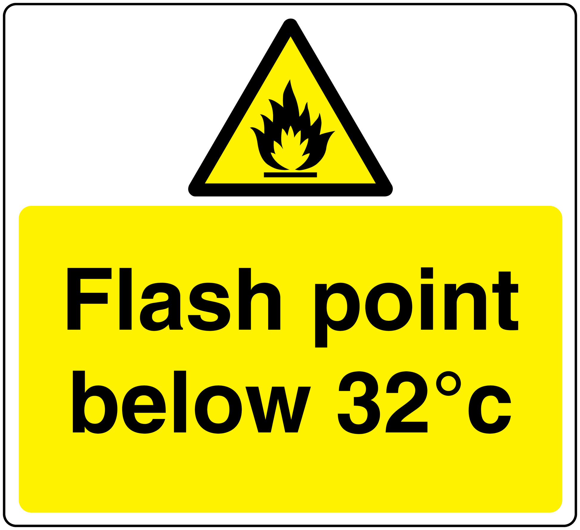 Danger flash point below 32°C sticker with flame hazard triangle and yellow text block