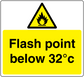 Danger flash point below 32°C sticker with flame hazard triangle and yellow text block