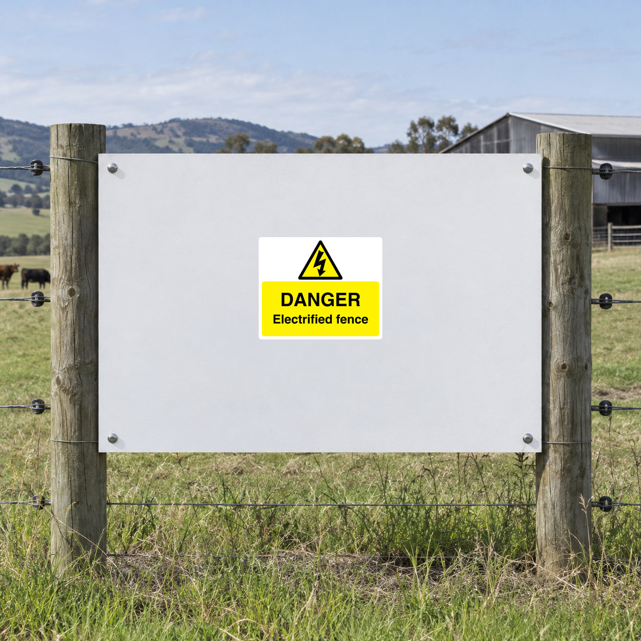 Danger electrified fence sticker, white rectangle with yellow caution icon and text