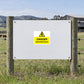 Danger electrified fence sticker, white rectangle with yellow caution icon and text