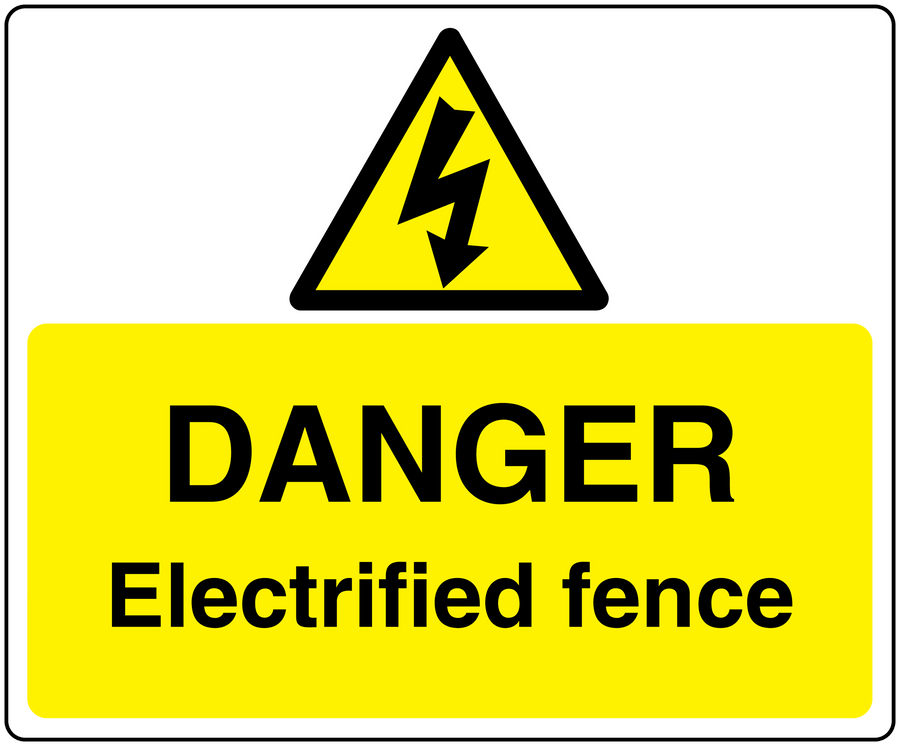 Danger warning sticker with yellow triangle lightning and 'DANGER Electrified fence' text