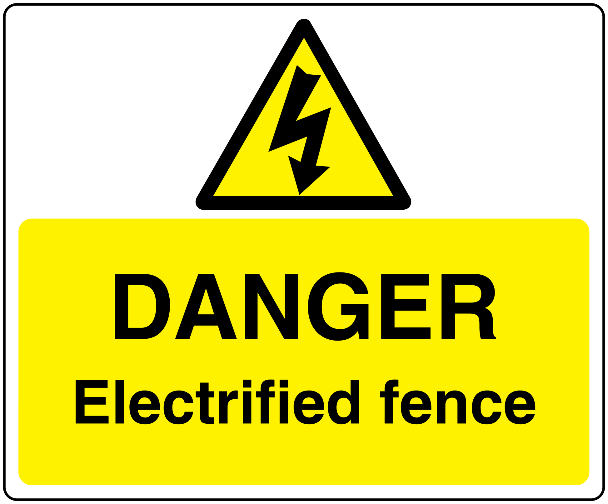 Danger warning sticker with yellow triangle lightning and 'DANGER Electrified fence' text