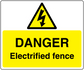 Danger warning sticker with yellow triangle lightning and 'DANGER Electrified fence' text