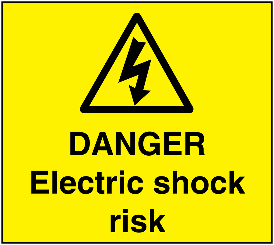 Yellow warning sticker with black triangle and 'DANGER Electric shock risk' text