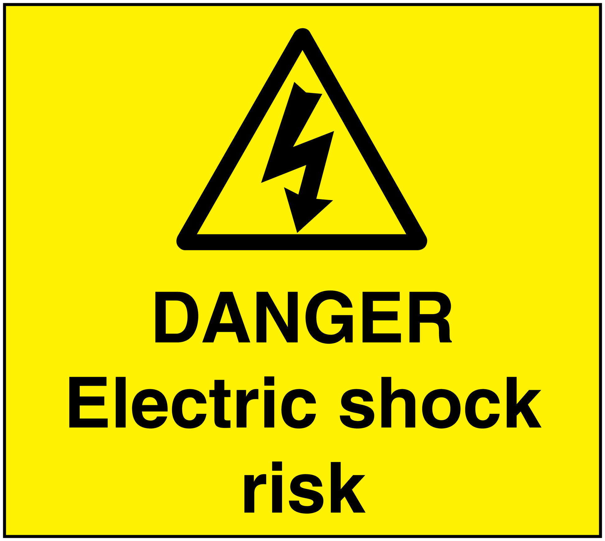 Yellow warning sticker with black triangle and 'DANGER Electric shock risk' text