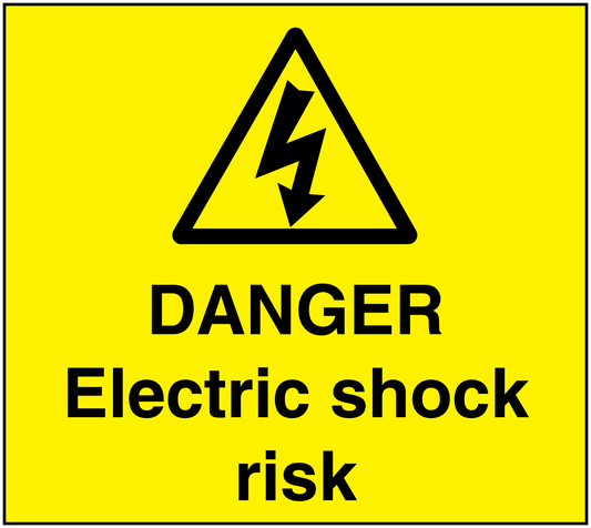 Yellow warning sticker with black triangle and 'DANGER Electric shock risk' text