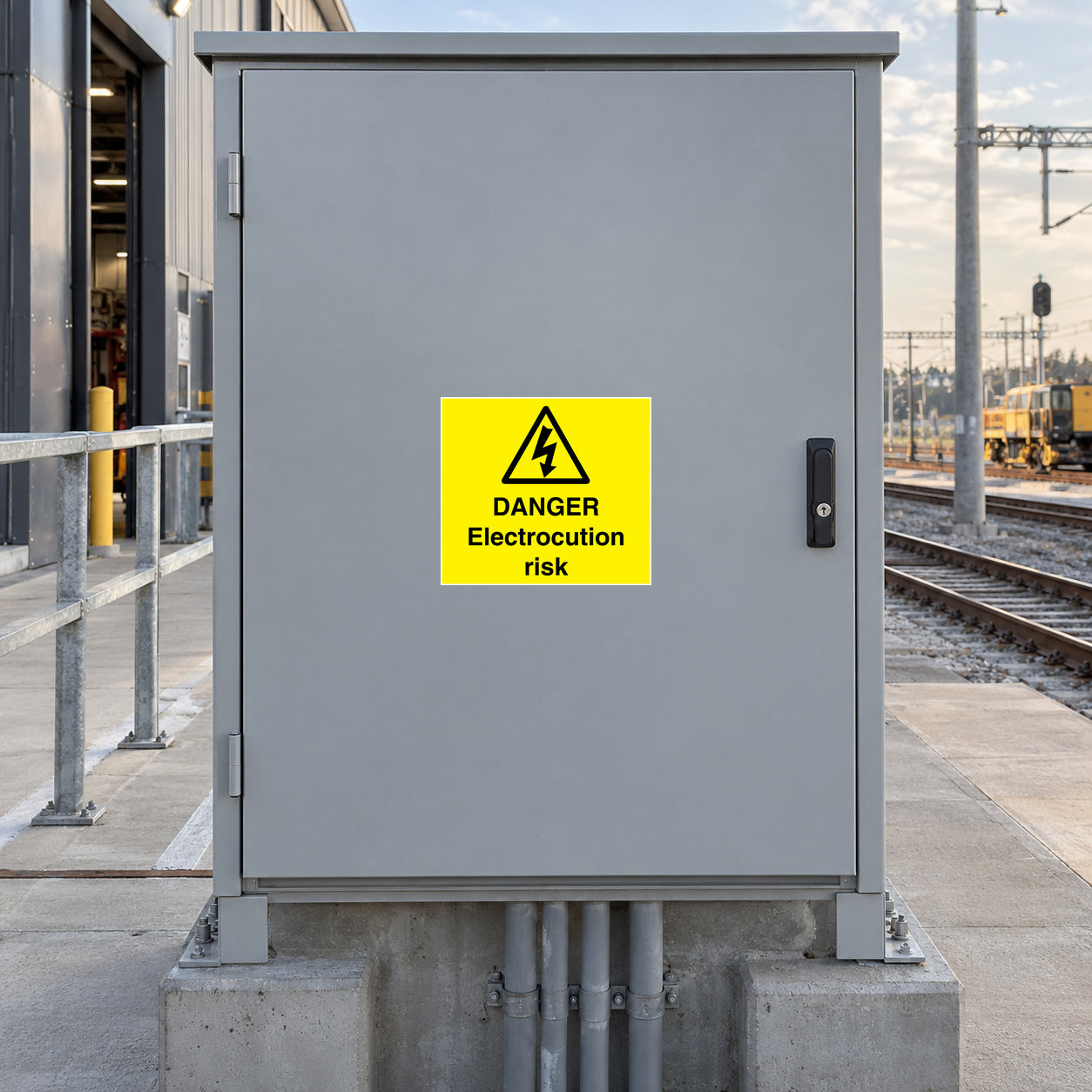 Warning electrocution risk sticker with yellow danger sign on gray door panel