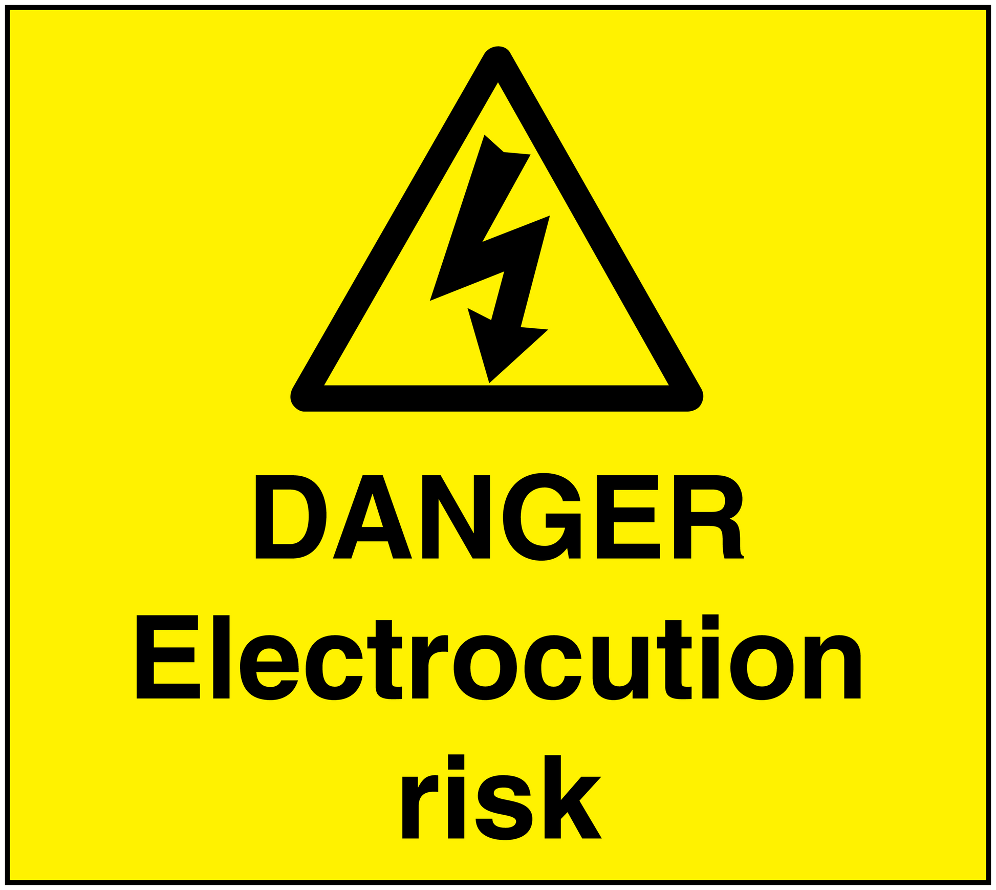Danger electrocution risk sticker: yellow label with black warning triangle and text