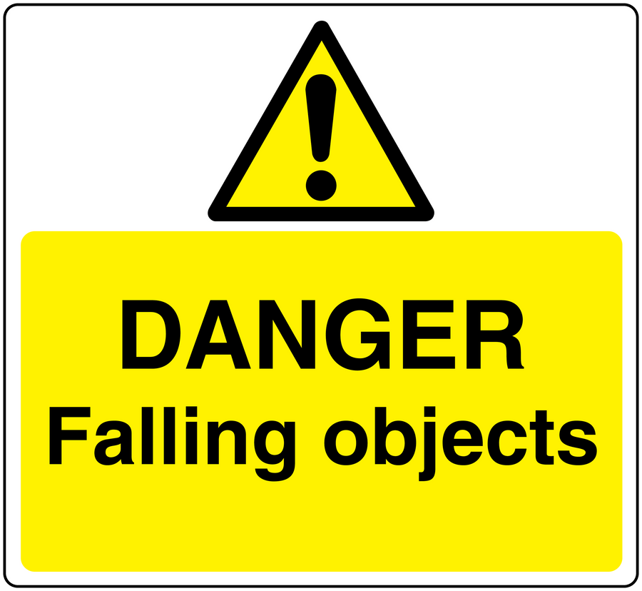 Danger falling objects warning sticker with yellow triangle and 'DANGER Falling objects' text
