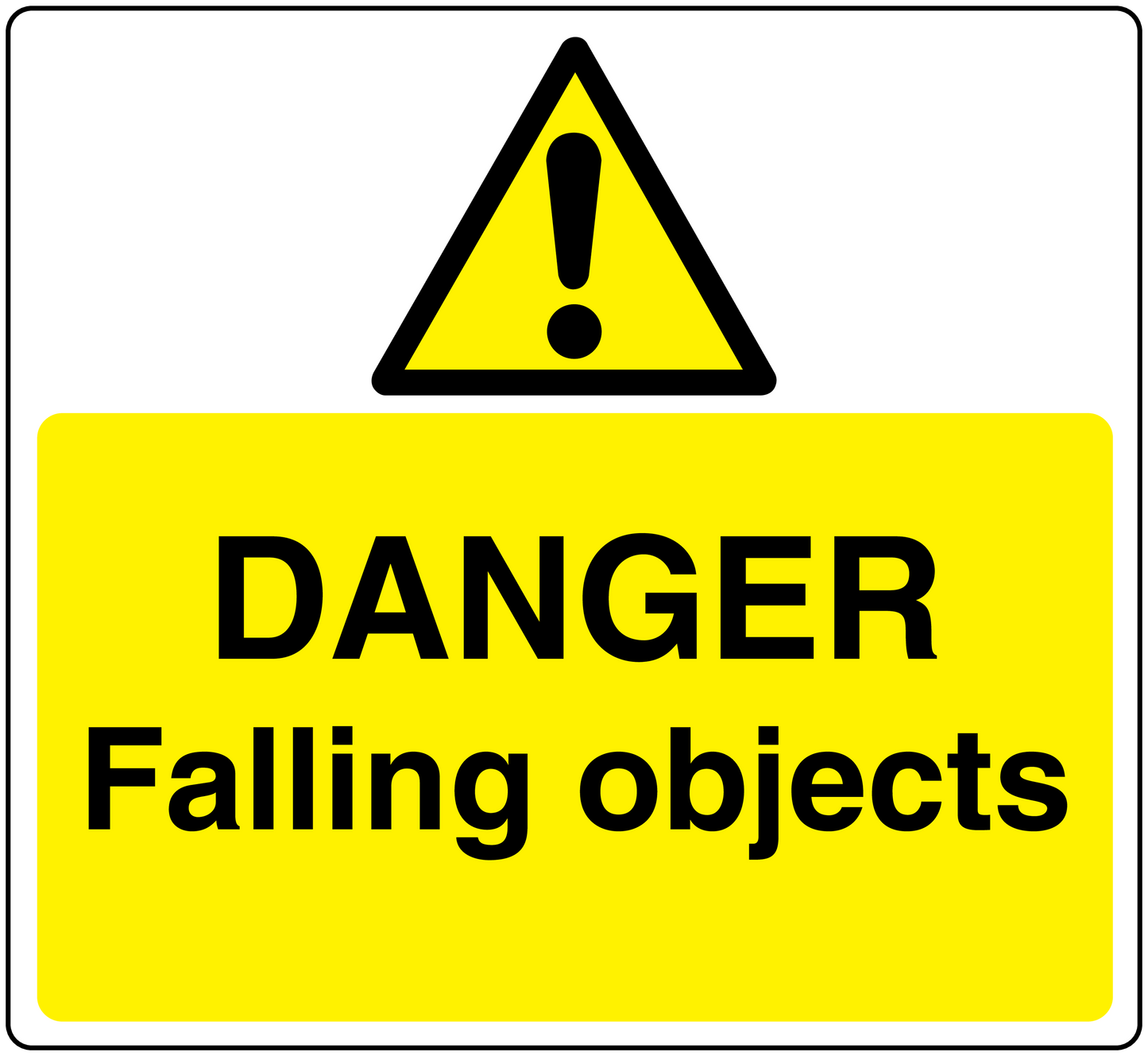 Danger falling objects warning sticker with yellow triangle and 'DANGER Falling objects' text