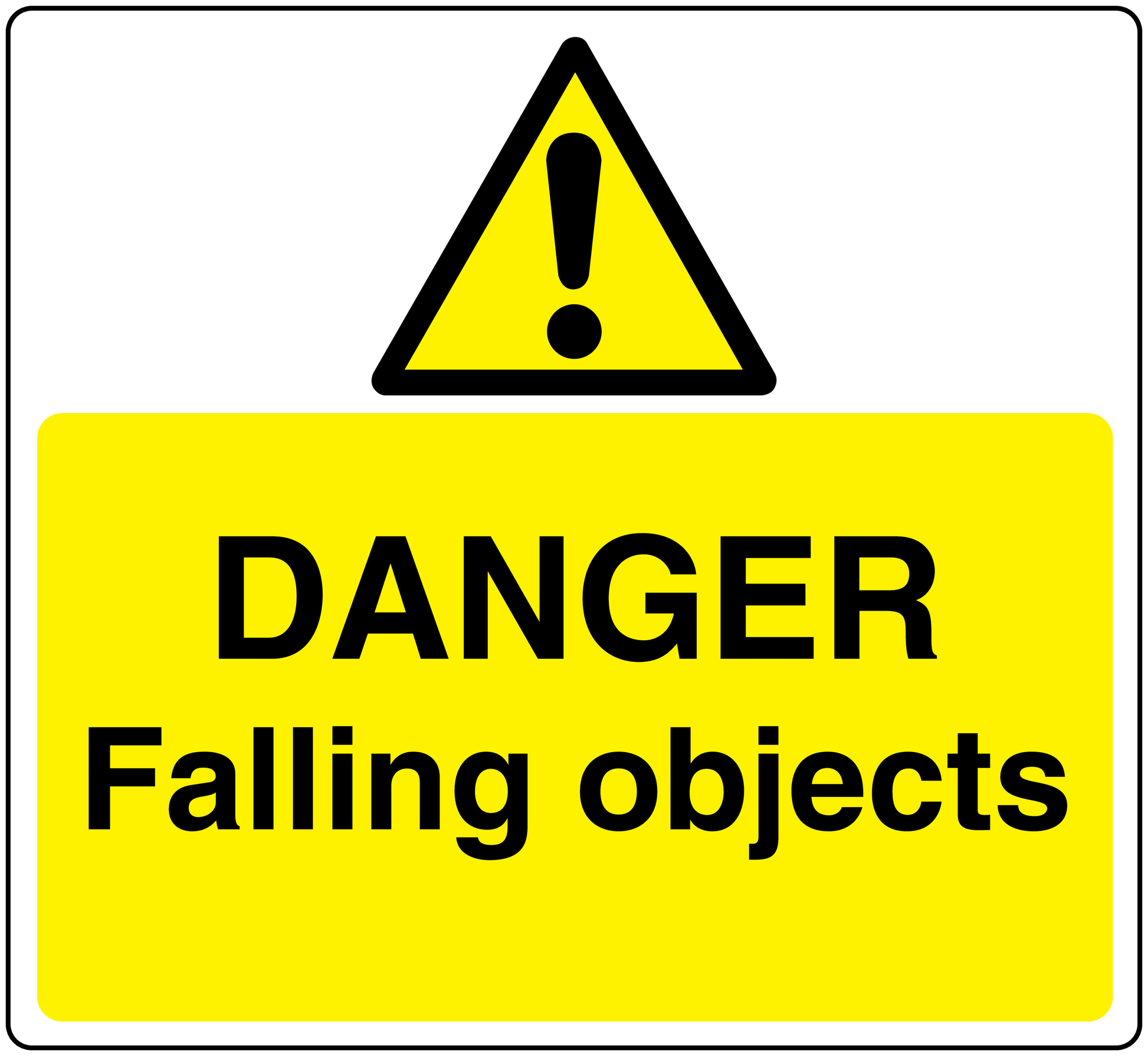 Danger falling objects warning sticker with yellow triangle and 'DANGER Falling objects' text