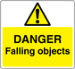 Danger falling objects warning sticker with yellow triangle and 'DANGER Falling objects' text