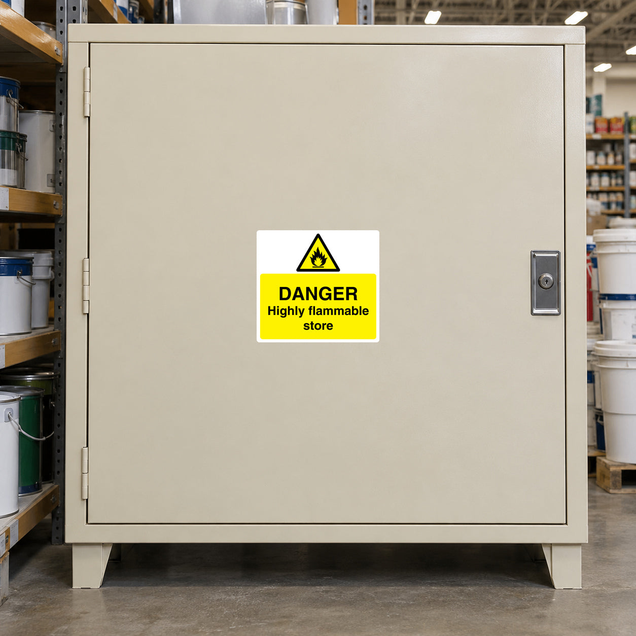 Highly flammable store danger label sticker, yellow with warning triangle and text