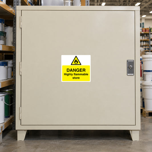 Highly flammable store danger label sticker, yellow with warning triangle and text