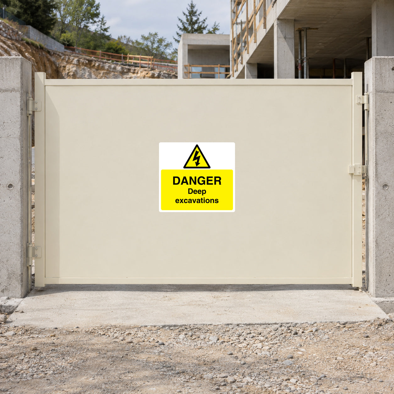 Yellow triangle hazard warning sticker with 'DANGER' and 'Deep excavations' text