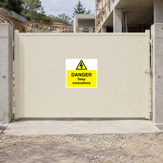 Yellow triangle hazard warning sticker with 'DANGER' and 'Deep excavations' text