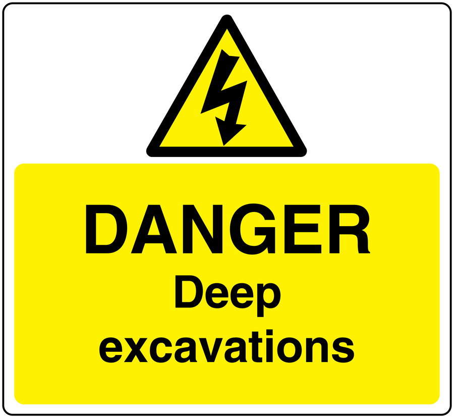 Warning sticker with yellow triangle lightning icon and DANGER Deep excavations text