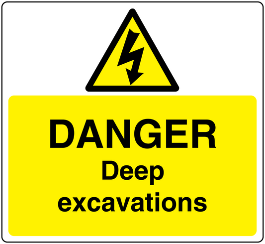 Warning sticker with yellow triangle lightning icon and DANGER Deep excavations text