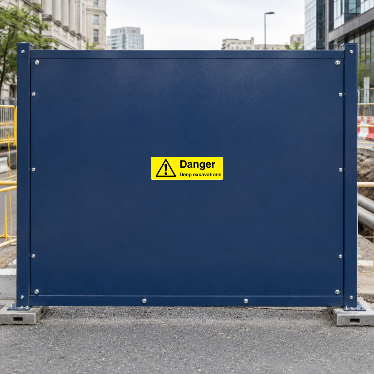 Yellow warning rectangle sticker reading Danger: Deep excavations, on a blue panel